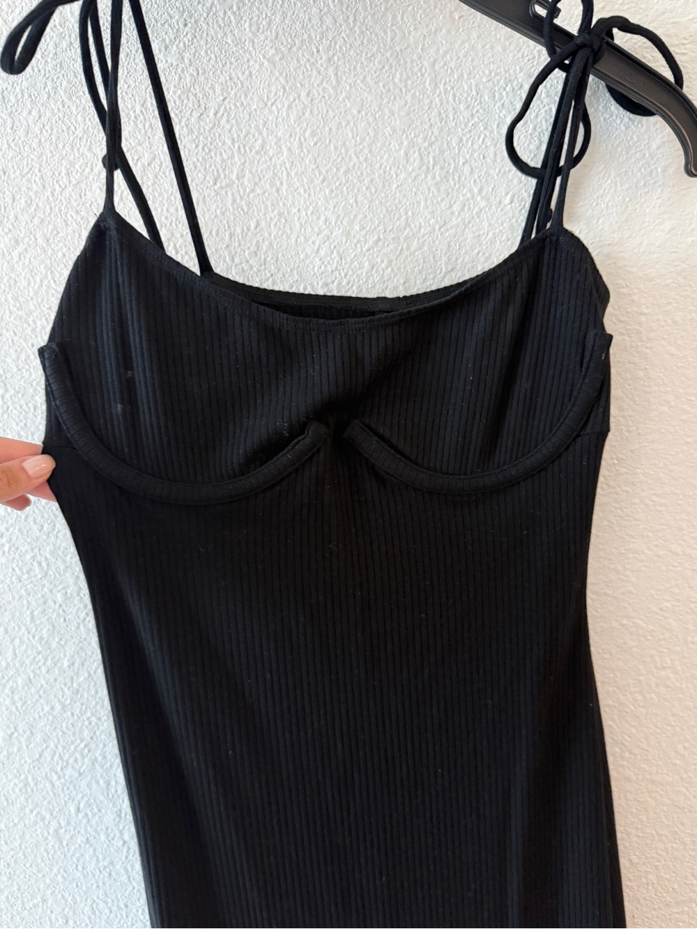 Reformation Black Ribbed Tie-Shoulder Midi Dress